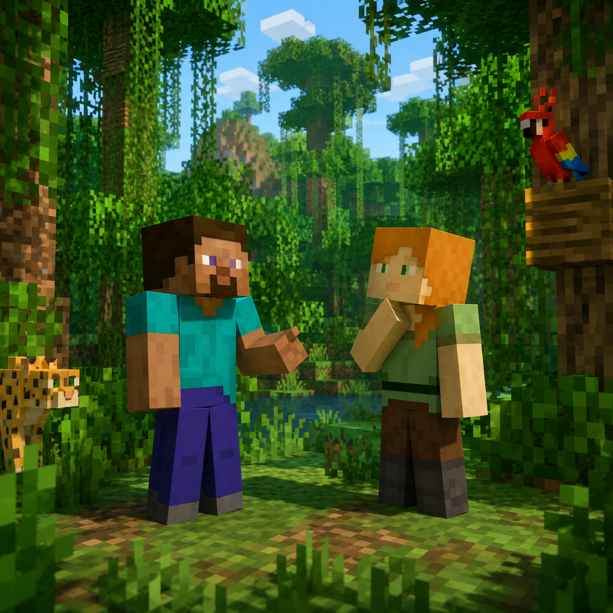 Minecraft jungle scene with Steve and Alex